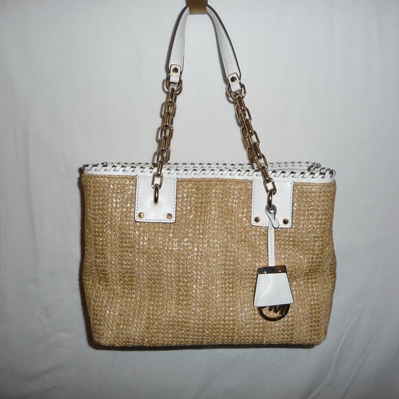 Michael Kors Rosalie Straw Handbag Crossbody Nautical Beach Bag - Picture 1 of 8